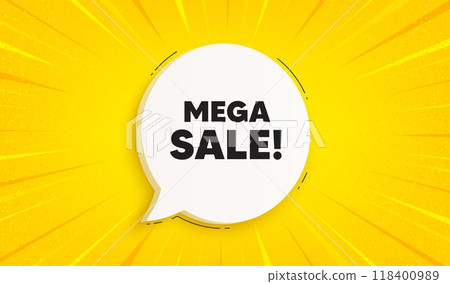 Mega Sale tag. Speech bubble sunburst banner. Special offer price sign. Advertising Discounts symbol. Mega sale chat speech message. Yellow sun burst background. Vector Mega Sale tag. Speech bubble sunburst banner. Special offer price sign. Advertising Discounts symbol. Mega sale chat speech message. Yellow sun burst background. Vector 118400989