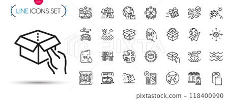 Pack of Present delivery, Honeymoon cruise and Petrol canister line icons. Include Parcel delivery, Paper wallpaper, Lighthouse pictogram icons. Home moving, Shuttle bus, Paper plane signs. Vector 118400990