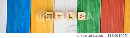 Five wooden blocks with communication icons on them Five wooden blocks with communication icons on them 118401015