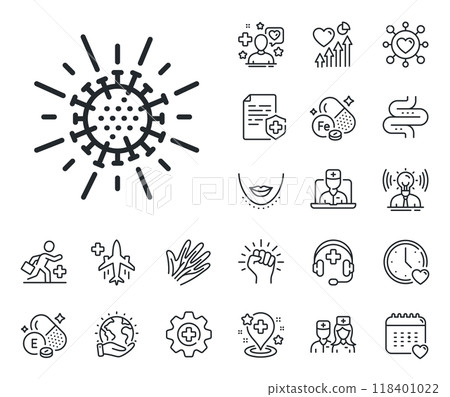 Covid-19 pandemic virus sign. Online doctor, patient and medicine outline icons. Coronavirus line icon. Corona virus symbol. Coronavirus line sign. Veins, nerves and cosmetic procedure icon. Vector 118401022