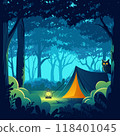 Camping in the forest at night, creepy and horror camp vector illustration 118401045