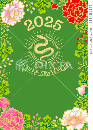 2025 New Year's card template - Snake and halo Peony and plant decorative frame 118401121