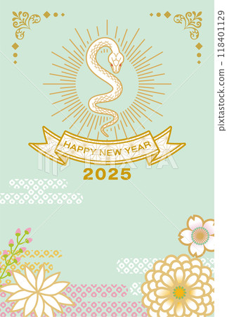 2025 New Year's card template - White snake and halo Japanese floral background 118401129