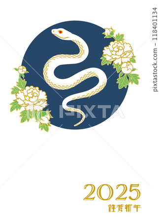 2025 New Year's card template - White snake and white peony flower circular decoration Navy blue 2025 New Year's card template - White snake and white peony flower circular decoration Navy blue 118401134