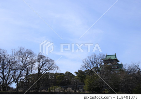 Osaka Castle towering above the blue sky in February 118401373