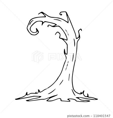 Crooked tree with gnarled roots. Linear silhouette of plant. Graphic illustration. Black outline clip art for Halloween. Hand drawn isolated drawing. Nature element for creepy decor. Doodle style. Crooked tree with gnarled roots. Linear silhouette of plant. Graphic illustration. Black outline clip art for Halloween. Hand drawn isolated drawing. Nature element for creepy decor. Doodle style. 118401547