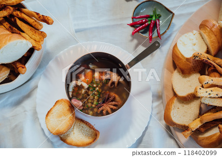 Cooked in the kitchen seafood soup for food as background 118402099