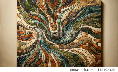 abstract artwork featuring a mosaic pattern with a variety of geometric shapes in shades of green, blue, brown, and rust enveloping, symbolizing the interconnectedness of water and earth in a cohesive 118402480