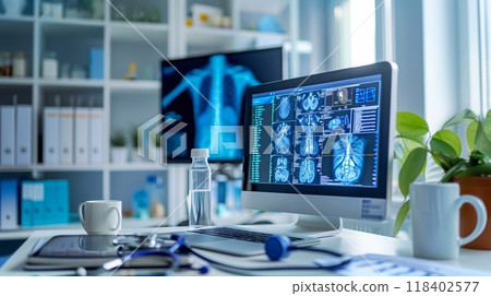 A doctor provides virtual medical assistance, reviewing patient data on a computer and ensuring quality healthcare from their office A doctor provides virtual medical assistance, reviewing patient data on a computer and ensuring quality healthcare from their office 118402577