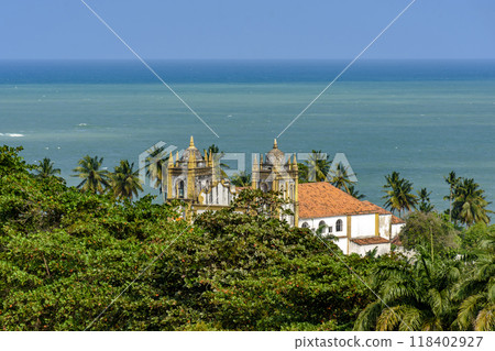 Church towers emerging from the vegetation and the sea 118402927