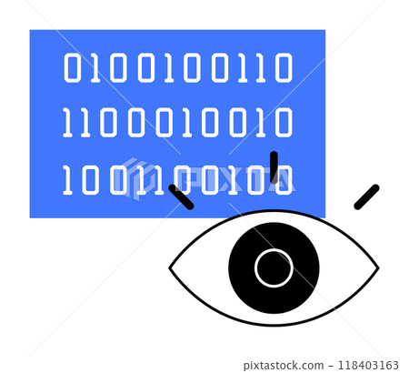 Eye looking at binary code. Ideal for technology, coding, cybersecurity, data analysis, and digital graphics themes. Simple vector art style. 118403163