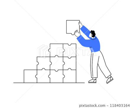 Person places jigsaw puzzle piece onto stack of connected pieces signifying teamwork and problem-solving. Ideal for collaboration, strategy, project management, growth, planning. Simple minimal 118403164