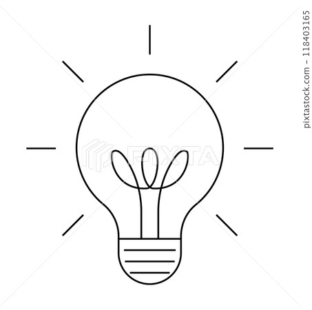Outline of a light bulb with rays emanating, symbolizing ideas and innovation. Ideal for creative concepts, brainstorming sessions, new solutions, education, and inspiration. Simple minimalist style 118403165