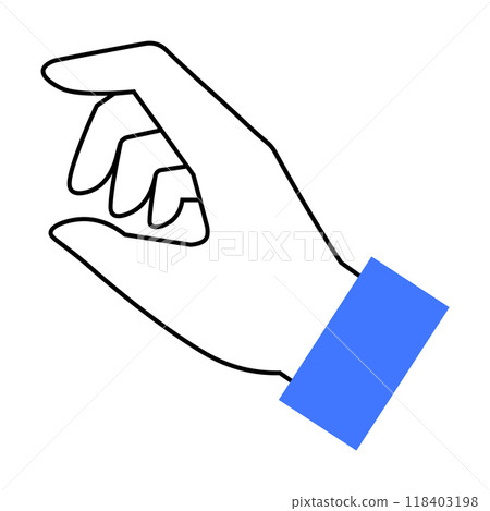 An outline drawing of a hand with fingers slightly pinched, wearing a blue wristband. Ideal for minimalist designs, instructional graphics, communication, hand gestures, and educational materials. An outline drawing of a hand with fingers slightly pinched, wearing a blue wristband. Ideal for minimalist designs, instructional graphics, communication, hand gestures, and educational materials. 118403198