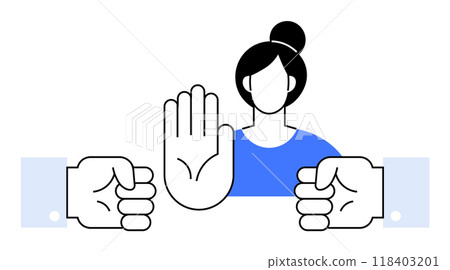Woman with raised hand stops two fists. Ideal for conflict resolution, peace, anti-bullying, non-violence, assertiveness. Simple, bold style. 118403201