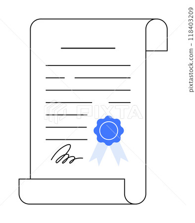 A rolled parchment with text lines, featuring a blue ribbon badge and a signature at the bottom. Ideal for award certificates, academic achievements, official documentations, recognitions, and ceremon 118403209