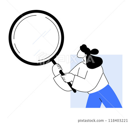 A person with black hair wearing a white shirt and blue pants holds a large magnifying glass. Ideal for research, investigation, discovery, education, science. Clean and modern style 118403221