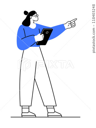 Woman holding a tablet and pointing. Ideal for technology, education, presentations, leadership, business. Minimalist modern style 118403248