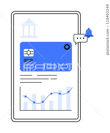 A mobile screen displaying a bank interface with a credit card, notification bell, chat bubble, and analytics graph. Ideal for finance apps, banking, financial management, mobile UI, vector graphics. 118403249