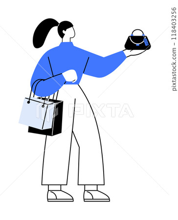 A stylish person holding a handbag and shopping bags, dressed in contemporary attire. Ideal for fashion, retail, consumerism, shopping, modern lifestyle. Minimalist vector style. A stylish person holding a handbag and shopping bags, dressed in contemporary attire. Ideal for fashion, retail, consumerism, shopping, modern lifestyle. Minimalist vector style. 118403256