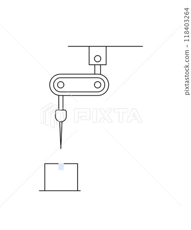 A robotic arm positions above a cube, indicating automated assembly. Ideal for technology, automation, industry, manufacturing, innovation. Simple and modern style emphasizing precise mechanical 118403264