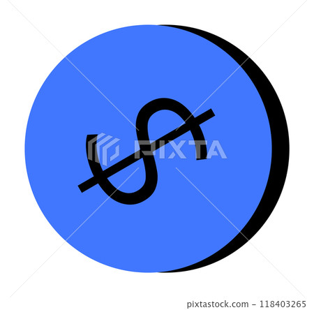 A blue circle featuring a black dollar symbol with a slash through it, indicating the absence of money or cost-related concerns. Ideal for financial constraints, budgeting, cost-cutting, economy, and 118403265