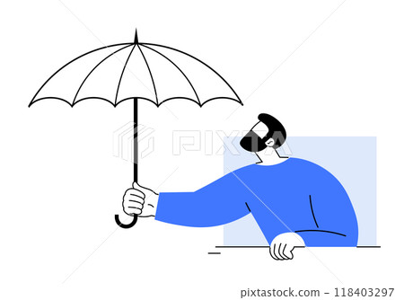 A man with a beard in a blue shirt protects himself with an umbrella. Ideal for security, protection, safety, insurance, and weather-themed designs. Minimalistic modern style. A man with a beard in a blue shirt protects himself with an umbrella. Ideal for security, protection, safety, insurance, and weather-themed designs. Minimalistic modern style. 118403297