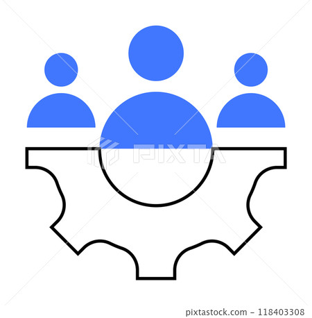 Three blue human figures atop a black outlined gear symbolize teamwork, workforce organization, and collaboration. Ideal for business, productivity, HR, communication, and collective effort themes. Si Three blue human figures atop a black outlined gear symbolize teamwork, workforce organization, and collaboration. Ideal for business, productivity, HR, communication, and collective effort themes. Si 118403308