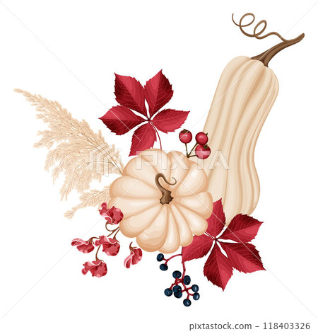 A beige pumpkin with burgundy leaves and red berries, surrounded by autumnal foliage, creating a festive and seasonal decoration. 118403326