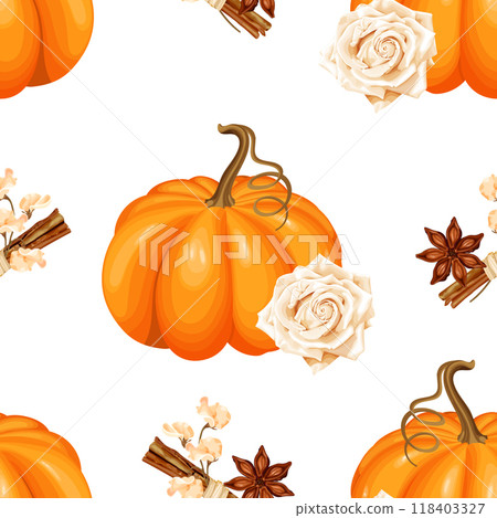 Seamless Vector autumn pattern featuring orange pumpkins, beige roses, cinnamon sticks, and star anise. 118403327