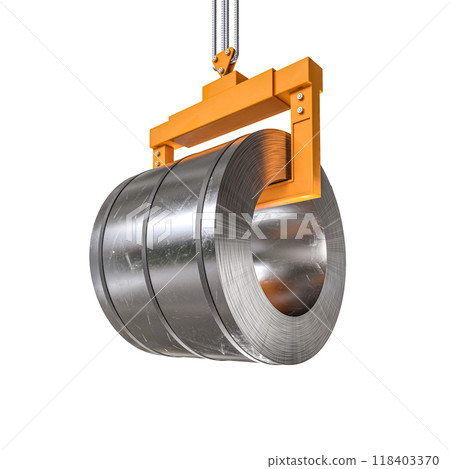 Industrial crane lifting a large metal coil Industrial crane lifting a large metal coil 118403370