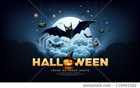 Happy Halloween message design, bats flying on cloud and full moon, pumpkin, star banner 118403382