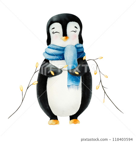 Cute smiling penguin wearing a blue scarf. Garland with gold lanterns. Christmas north animal, watercolor hand painted illustration isolated on background. For designers, decoration, shop, for 118403594