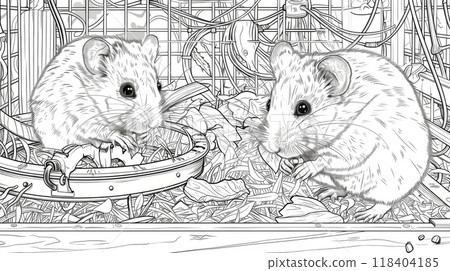 Two hamsters are seen enjoying their time in a spacious cage, surrounded by bedding and fresh vegetables. They engage in playful activities while foraging 118404185