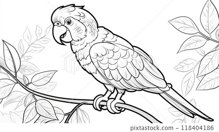 A detailed outline drawing features a cartoon parrot perched on a branch, surrounded by lush leaves, inviting creativity through coloring for all ages 118404186
