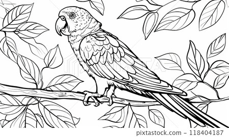 The illustration features a parrot sitting gracefully on a branch, surrounded by lush leaves in a tranquil garden. It's an inviting scene for creativity and relaxation 118404187