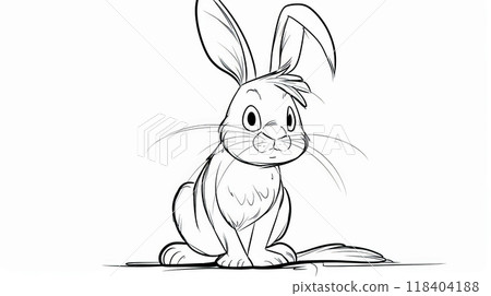 A charming rabbit character is depicted in a playful stance, featuring big ears and expressive eyes. The simple black and white sketch captures its lively and curious nature 118404188