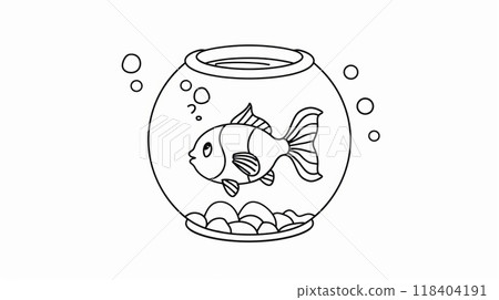 A goldfish glides gracefully in a round aquarium, surrounded by small decorative pebbles and gentle air bubbles, creating a serene indoor atmosphere A goldfish glides gracefully in a round aquarium, surrounded by small decorative pebbles and gentle air bubbles, creating a serene indoor atmosphere 118404191