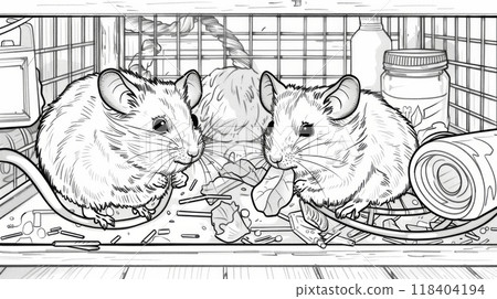 Two mice are seen interacting in their cluttered habitat, surrounded by various materials and objects. They explore their enclosure, showcasing their playful demeanor 118404194