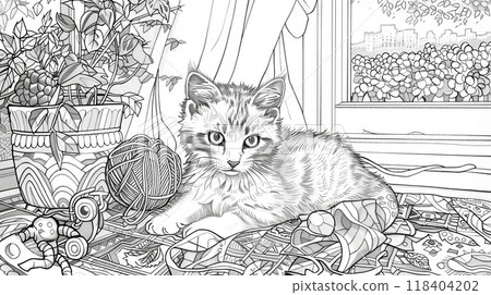 A fluffy kitten lounges contentedly on a vibrant rug, surrounded by playful toys and a potted plant by the sunshine-filled window A fluffy kitten lounges contentedly on a vibrant rug, surrounded by playful toys and a potted plant by the sunshine-filled window 118404202