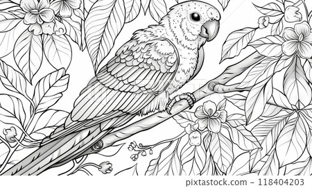 A parrot rests on a branch, surrounded by intricate floral and leaf patterns, inviting creativity and relaxation through coloring in this detailed design 118404203