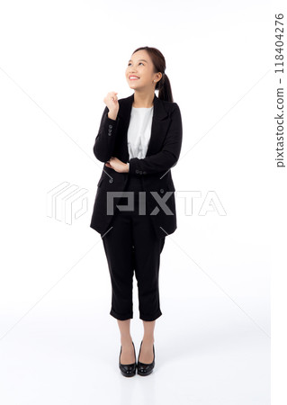 Portrait beautiful young asian businesswoman in suit standing isolated on white background. Portrait beautiful young asian businesswoman in suit standing isolated on white background. 118404276