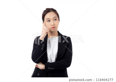 Portrait beautiful young asian businesswoman standing thinking idea with doubt for planning. Portrait beautiful young asian businesswoman standing thinking idea with doubt for planning. 118404277