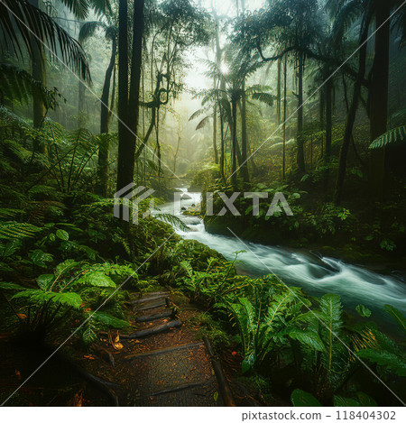 Lush Tropical Rainforest with Fast-Moving Stream and Wooden Path 118404302
