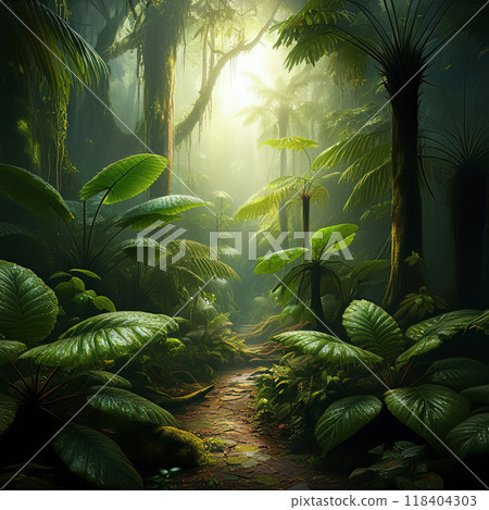 Tropical Rainforest Path with Large Dewy Leaves and Sunlit Canopy 118404303