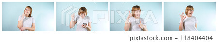 Set of 4 Images - Woman with Phone Showing Positive Emotions: Smiling, Laughing, and Celebrating 118404404