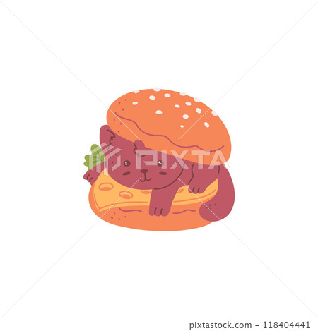 Cute cat in burger icon, funny cheeseburger with kitten, cheese and bun, vector cartoon animal food children cafe menu 118404441