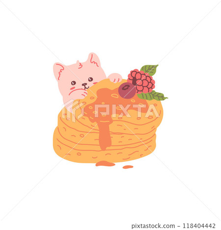 The illustration features a cute kawaii cat nestled in a stack of pancakes with jam and berries. The illustration features a cute kawaii cat nestled in a stack of pancakes with jam and berries. 118404442