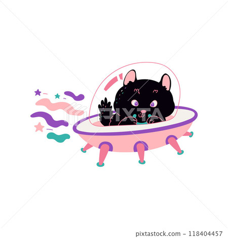 Cute black cat astronaut flies on UFO spaceship in space, vector cartoon fantasy kitten cosmonaut in colorful shuttle 118404457