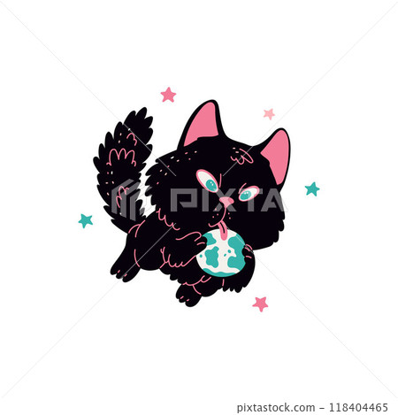 Cute black cat astronaut licks a ball of earth, vector kitten cosmonaut flying in space with stars, fantasy funny pet Cute black cat astronaut licks a ball of earth, vector kitten cosmonaut flying in space with stars, fantasy funny pet 118404465